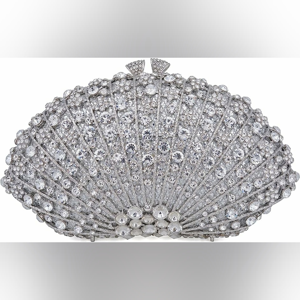 NEW Shell Shape Clutch Purse Sparkling Bling Crystal Rhinestones Silver or Gold - Picture 2 of 11